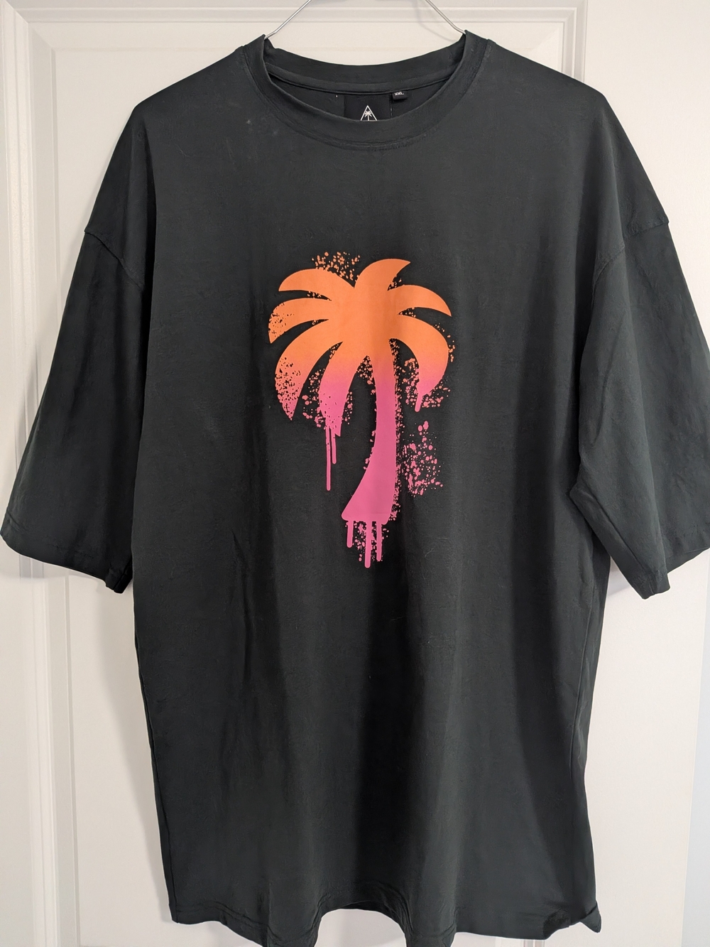 Palm Angels Black Tee with Orange and Pink Drip Palm Graphic Dark Green Shirt